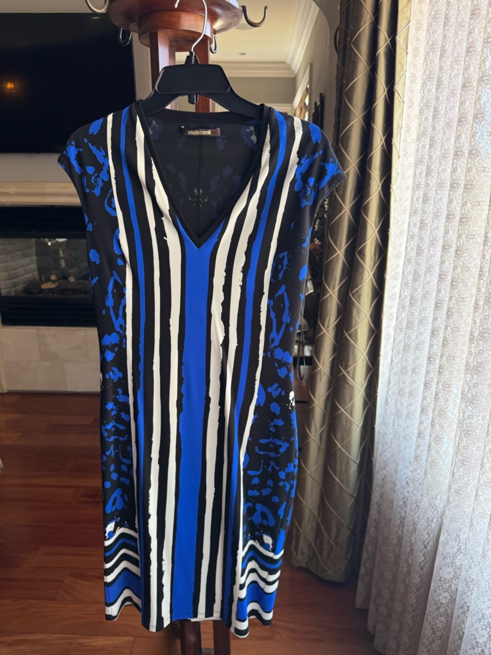 Roberto Cavalli Blue, Black & White V-Neck Midi Dress